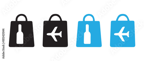 Duty free shopping bag icons with alcohol bottle and plane symbols.