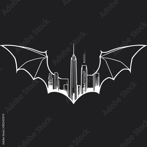 Stylized bat wings creating a minimalist city skyline — urban night theme 1