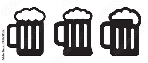 black beer mugs with frothy heads, simple beverage icons.