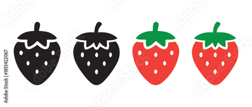 Strawberry fruit icon set, black outlines and vibrant red berries.
