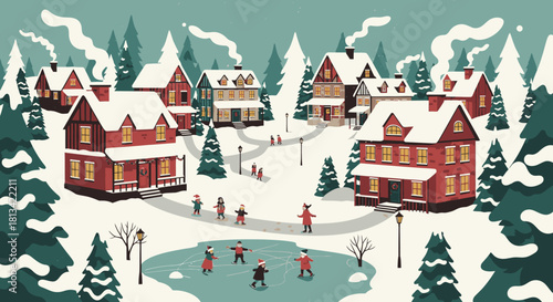 A charming winter village scene with snow-covered houses and people ice skating on a frozen pond.
