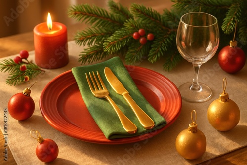 Warmly lit festive holiday dinner table set with plate, golden cutlery, candle, and baubles