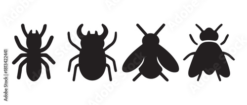 Ant, beetle, bee, fly insect vector silhouettes on white background.