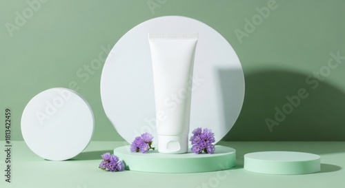White cosmetic tube on light green podium with white circles, purple flowers, minimalist aesthetic