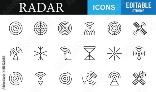 Editable stroke satellite and radar icon pack for communication and detection graphics