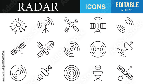 Vector collection of space communication icons featuring satellites and radar devices