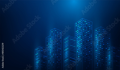 building smart city digital technology blue background. network system buildings skyscraper dot line. real estate innovation modern. vector illustration fantastic technology
