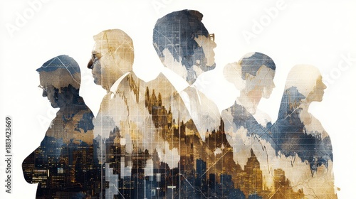 Business people silhouette with economic policy collage, cityscape, and financial chart overlay, symbolizing teamwork, strategy, and market analysis in dynamic corporate environment