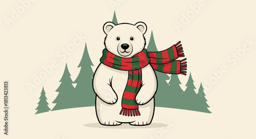 Cute cartoon illustration of a happy lion animal vector character celebrating a Christmas winter holiday with a snowman and gift