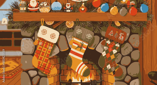 Cozy Christmas fireplace with stockings hung by the chimney with care, adorned with festive ornaments and dried oranges.