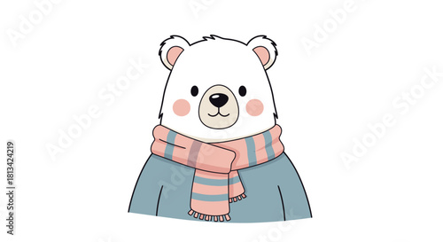 Cute cartoon polar bear wearing a pink striped scarf and a blue sweater, with rosy cheeks, on a white background.