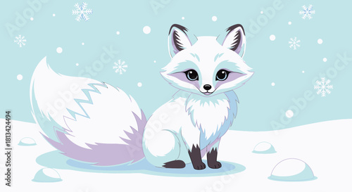 Cartoon arctic fox sitting in the snow with snowflakes falling in the background.