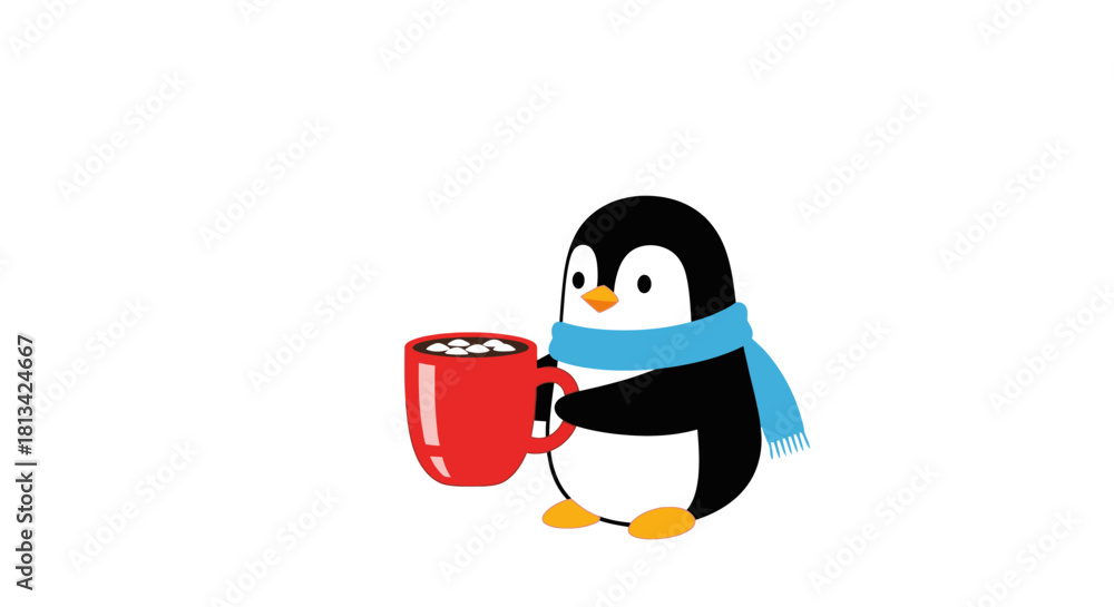 Naklejka premium A cute penguin wearing a scarf holds a red mug filled with hot chocolate and marshmallows.