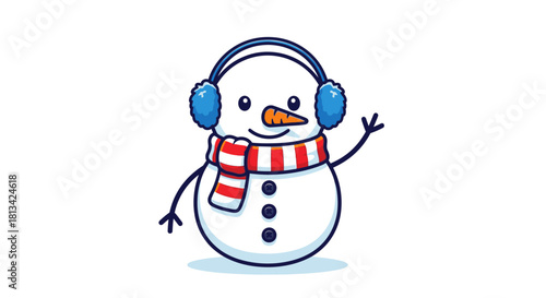 Cartoon snowman wearing earmuffs and a scarf waving hello.