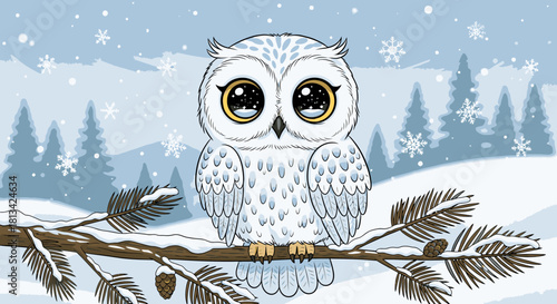 A cute, fluffy white owl with big, expressive eyes sits perched on a snow-covered branch in a winter forest.