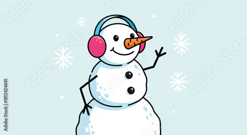 A cheerful cartoon snowman wearing pink earmuffs waves hello amidst falling snowflakes on a light blue background.