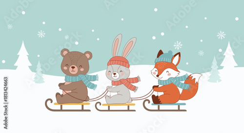 A charming winter scene featuring a bear, rabbit, and fox sledding in the snow.