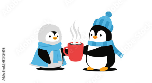 Two cute cartoon penguins in winter clothes sharing a steaming red mug of hot chocolate on a white background.