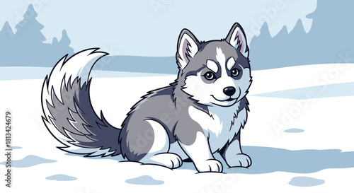A cute cartoon husky puppy sitting in the snow with a snowy forest in the background.