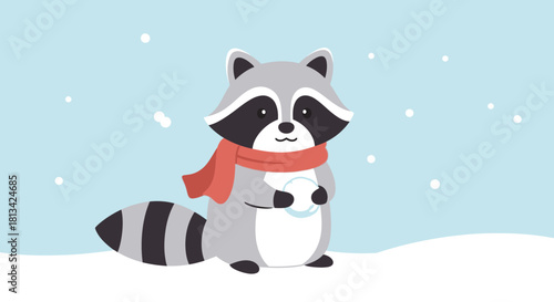 A cute cartoon raccoon wearing a red scarf and holding a snowball in a snowy winter scene with falling snowflakes.