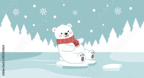 A cute cartoon polar bear with a red scarf sits on an ice floe in a snowy winter landscape with trees.