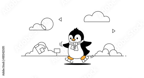 Cute cartoon penguin on roller skates surrounded by various geometric shapes on a clean white background.