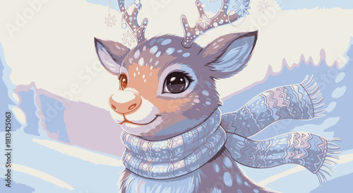 An adorable cartoon baby deer with large eyes and a cozy scarf standing in a snowy winter landscape.