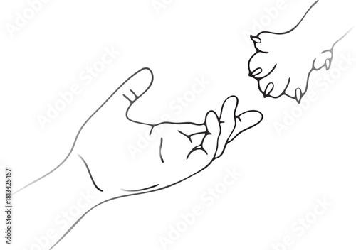Hand reaching towards dog paw line art animal