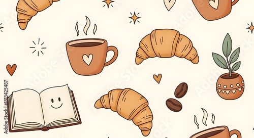 Cozy cafe-themed cute doodle designs. Includes a steaming mug with a heart, a croissant, a book with a smiley face, and a plant in a tiny pot. Warm, earthy colors and a soft, inviting style