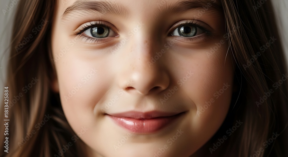 Obraz premium A captivating close-up portrait of a cheerful young girl, her innocent smile and sparkling eyes reflecting joy and warmth, beautifully capturing the essence of childhood wonder