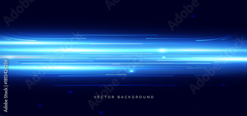Blue beam horizontal with lighting effect sparkling on dark background. Techology hi speed concept.