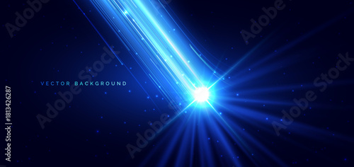 Blue beam diagonal with lighting effect sparkling on dark background. Techology hi speed concept.