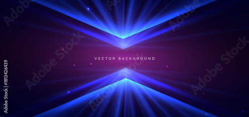 Futuristic triangle vertical blue lighting effect and sparkle on purple background. Technology data communication concept.