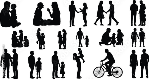 Family silhouettes collection showing parents and children bonding, playing, walking, and interacting together, isolated black vector figures on white background
