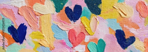 A vibrant abstract artwork with textured paint strokes, featuring hearts in various shades across a colorful background