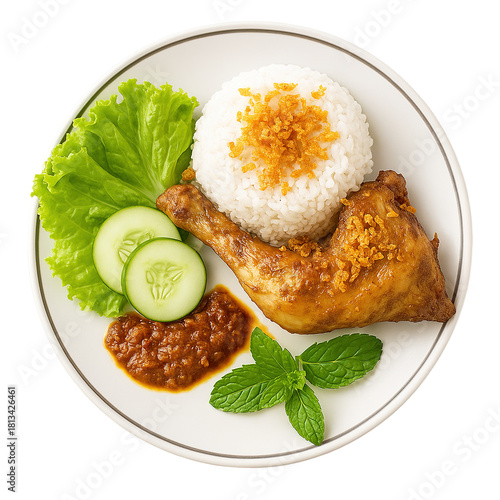 Fried Chicken with Steamed Rice, Sambal, and Fresh Vegetables