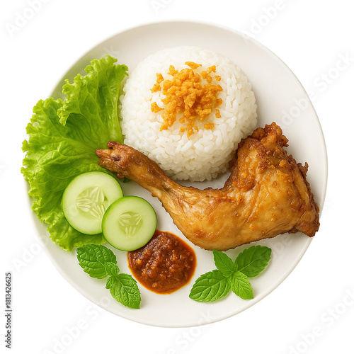 Fried Chicken with Steamed Rice, Sambal, and Fresh Vegetables