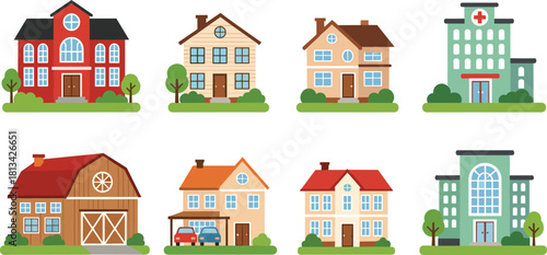 Building illustration set, cartoon architecture, residential houses, modern design, hospital icon, barn structure, vector art, greenery, urban layout, colorful style
