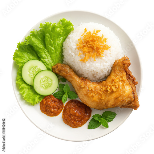 Fried Chicken with Steamed Rice, Sambal, and Fresh Vegetables
