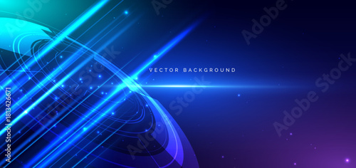 Circle neon blue light ray on black background. Futuristics technology concept.