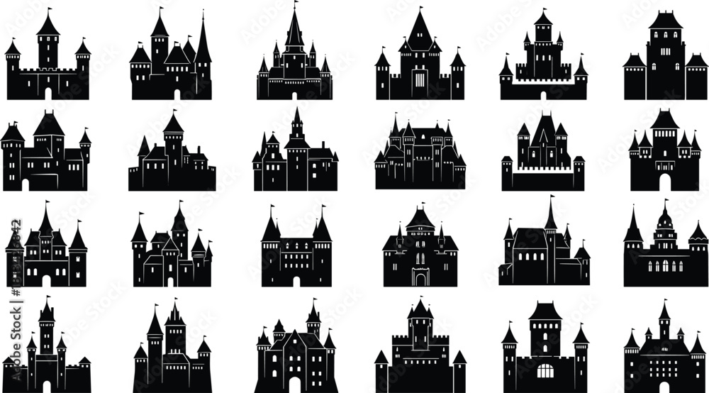 Naklejka premium Castle silhouette vector, medieval fortress icons, fantasy architecture graphic, black castle illustrations, historic building design, fairy tale structure set