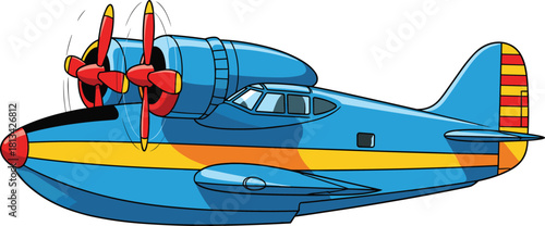 Cartoon seaplane illustration, blue aircraft, red propellers, vector transport, flying vehicle, kids design, colorful plane, aviation concept, travel icon, fun style