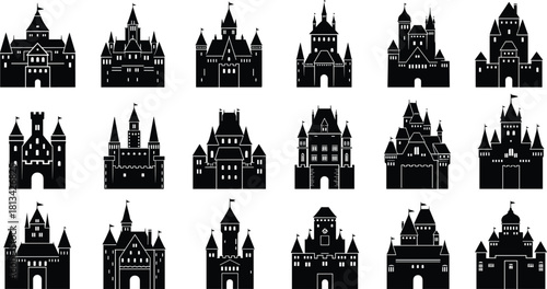 Castle silhouette vector, medieval fortress icons, black castle illustrations, fairy tale architecture, fantasy building design, historic structure graphic set