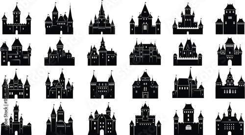 Castle silhouette vector, medieval fortress icons, fantasy architecture graphic, black castle illustrations, historic building design, fairy tale structure set