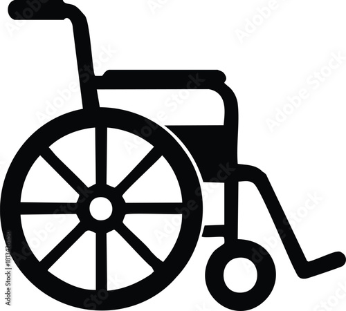 Black silhouette icon of a manual wheelchair representing mobility assistance, disability, and accessibility