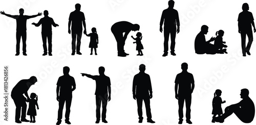 Father and daughter silhouette interactions collection showing family bonding, parenting gestures, emotional connection, standing and sitting poses, isolated vector illustration