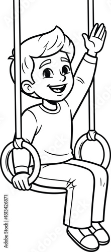 Child on gymnastic rings, black and white sketch, playground activity illustration, physical exercise vector, smiling pose drawing, rope swing art