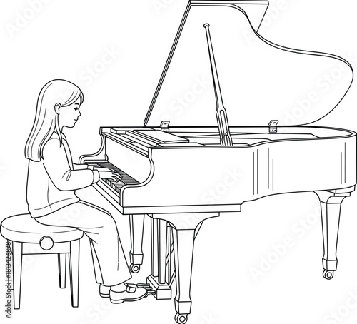 Child playing piano sketch, black and white illustration, grand piano line drawing, musical activity vector, seated musician silhouette art
