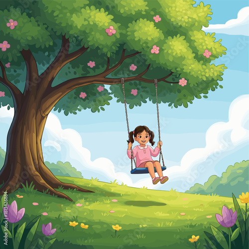 Child on swing illustration, cartoon nature scene, tree with flowers, outdoor playtime vector, happy childhood moment, colorful landscape design