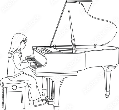 Grand piano player sketch, black and white line drawing, musical performance illustration, seated musician vector, artistic expression graphic